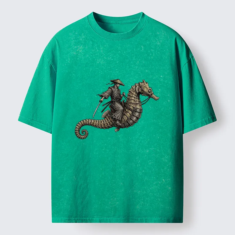 Tokyo-Tiger Samurai Riding Seahorse Washed T-Shirt