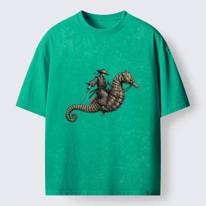 Tokyo-Tiger Samurai Riding Seahorse Washed T-Shirt