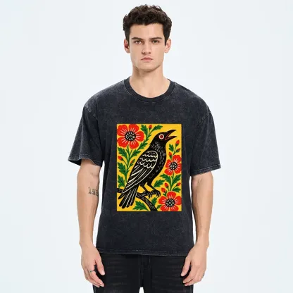 Tokyo-Tiger Vintage Crow Flower Folk Art Washed T-Shirt