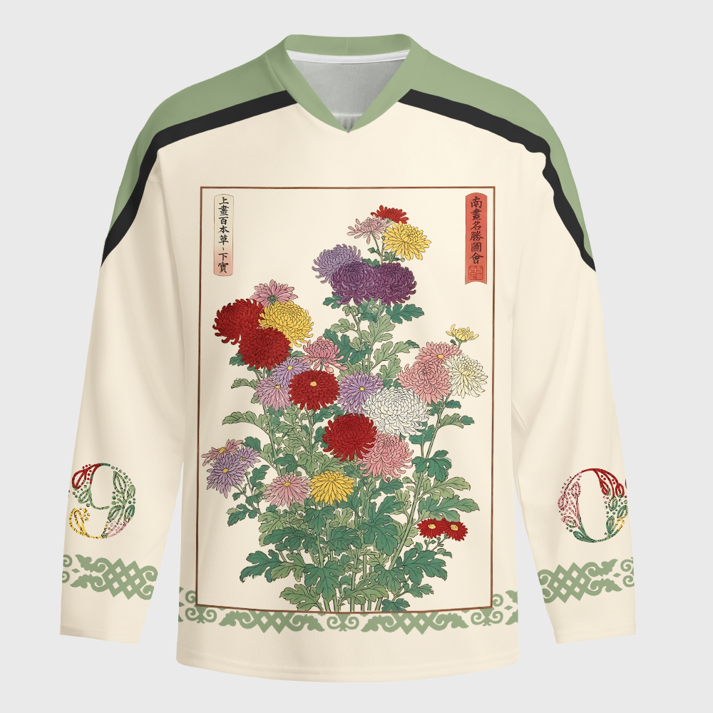 Tokyo-Tiger Traditional Bloom Print Long-Sleeve Hockey Jersey