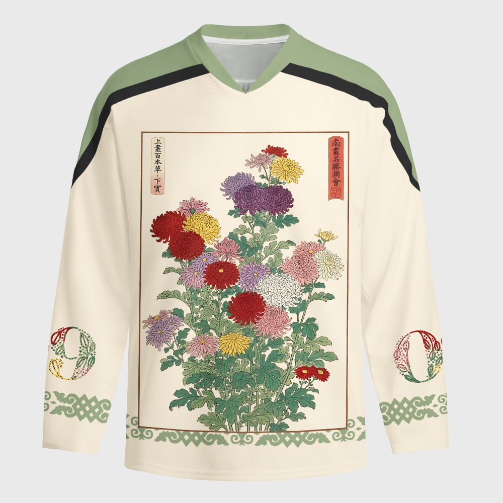 Tokyo-Tiger Traditional Bloom Print Long-Sleeve Hockey Jersey