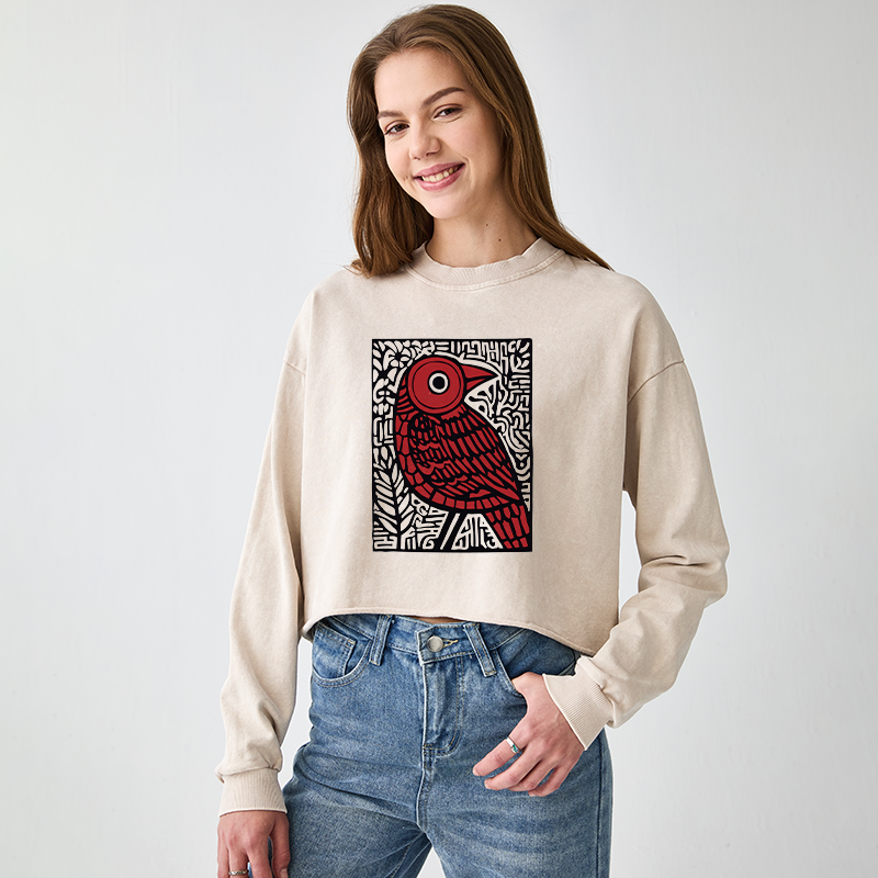 Tokyo-Tiger Retro Woodblock Bird Washed Crop Sweatshirt