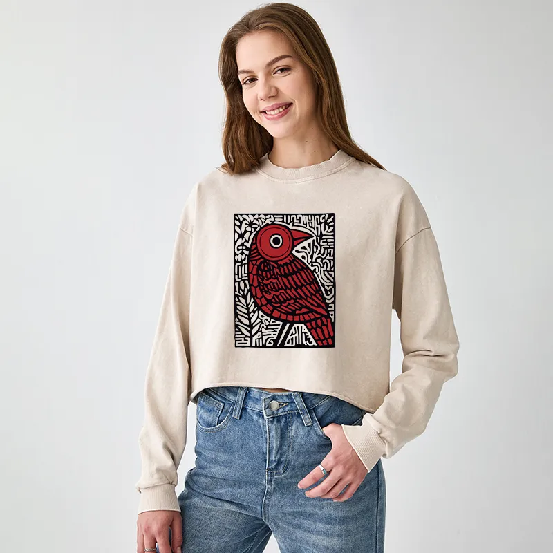 Tokyo-Tiger Retro Woodblock Bird Washed Crop Sweatshirt