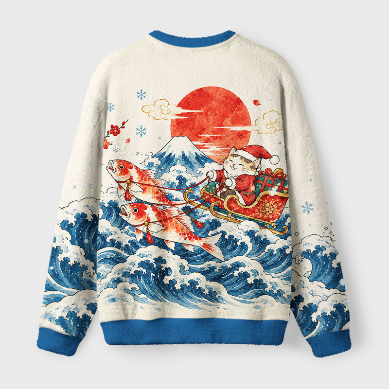 Tokyo-Tiger Cat Surfs Christmas Wave Fuzzy Christmas Ugly Sweatshirt
