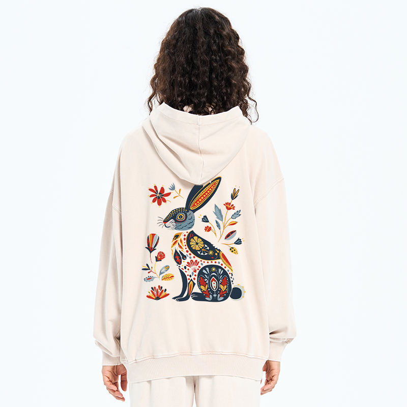 Tokyo-Tiger Folk Hare Bloom Washed Zip Hoodie