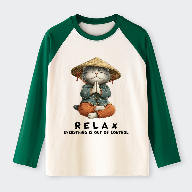 Tokyo-Tiger Zen Relax Cat Graphic Raglan Long Sleeve T-shirt