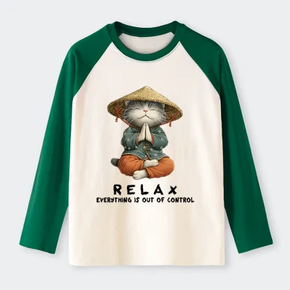 Tokyo-Tiger Zen Relax Cat Graphic Raglan Long Sleeve T-shirt