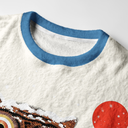 Tokyo-Tiger Folk Art Tiger Standing On Waves Fuzzy Christmas Ugly Sweatshirt