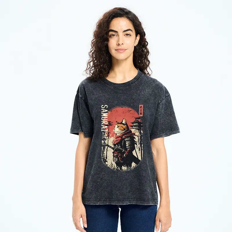 Tokyo-Tiger Lonely Cat Japanese Samurai Washed T-Shirt