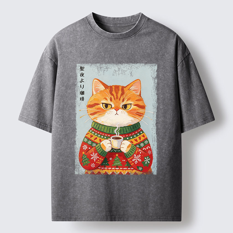 Tokyo-Tiger Christmas Coffee Cat Art Washed T-Shirt