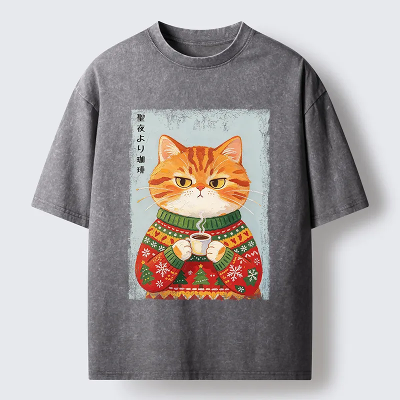 Tokyo-Tiger Christmas Coffee Cat Art Washed T-Shirt