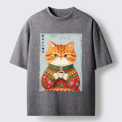 Tokyo-Tiger Christmas Coffee Cat Art Washed T-Shirt