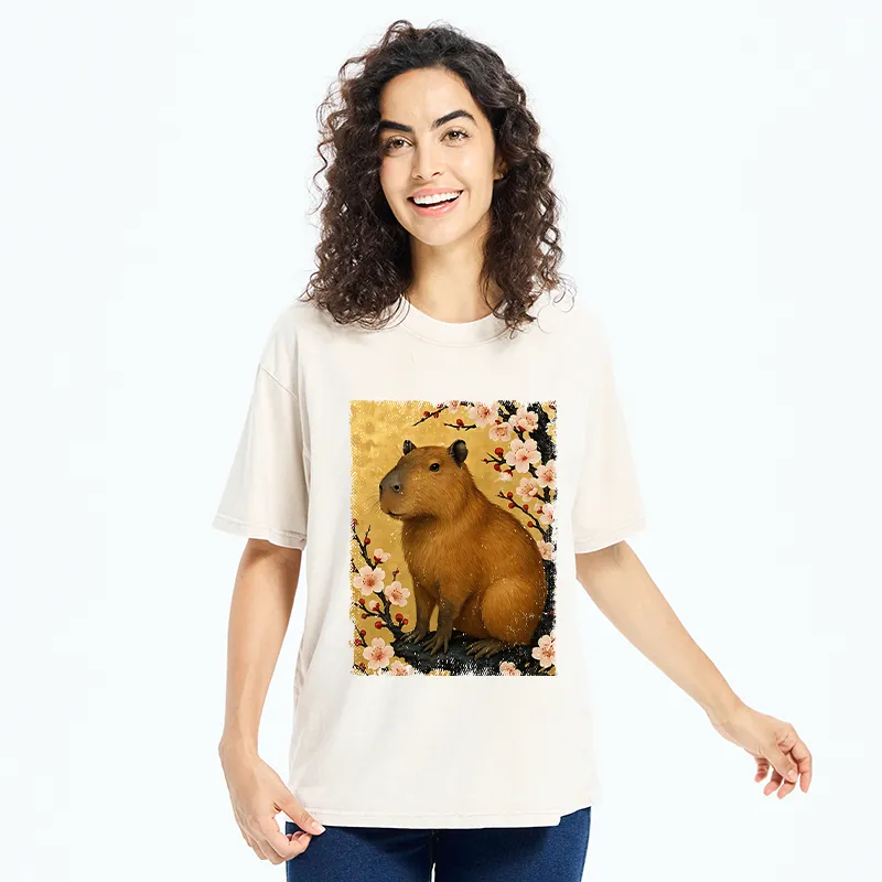Tokyo-Tiger Capybara And Sakura Washed T-Shirt