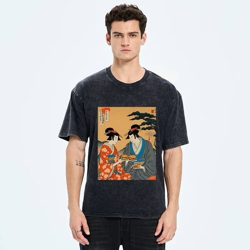 Tokyo-Tiger Geisha Eating Burgers Washed T-Shirt