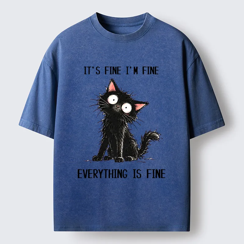 Tokyo-Tiger It's Fine Black Cat Meme Washed T-Shirt