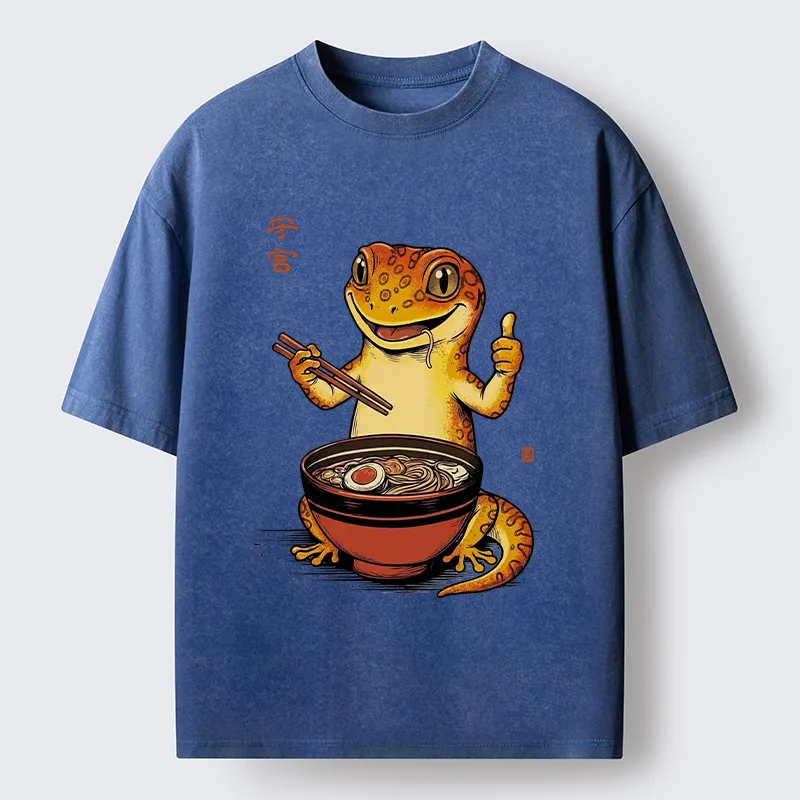 Tokyo-Tiger Japanese Gecko Eating Ramen Washed T-Shirt