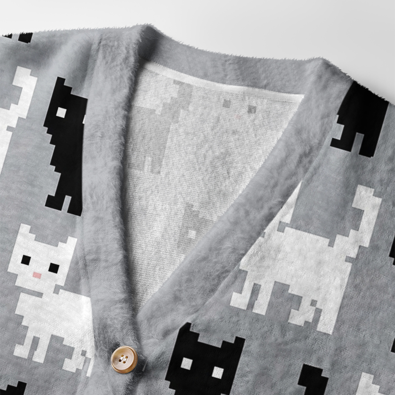 Tokyo-Tiger Retro Pixel Black White Cat Ugly Cardigan Sweater