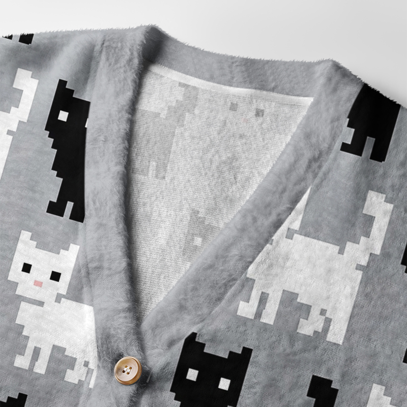 Tokyo-Tiger Retro Pixel Black White Cat Ugly Cardigan Sweater
