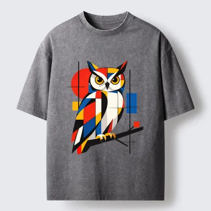 Tokyo-Tiger Geometric Owl Art Meme Washed T-Shirt