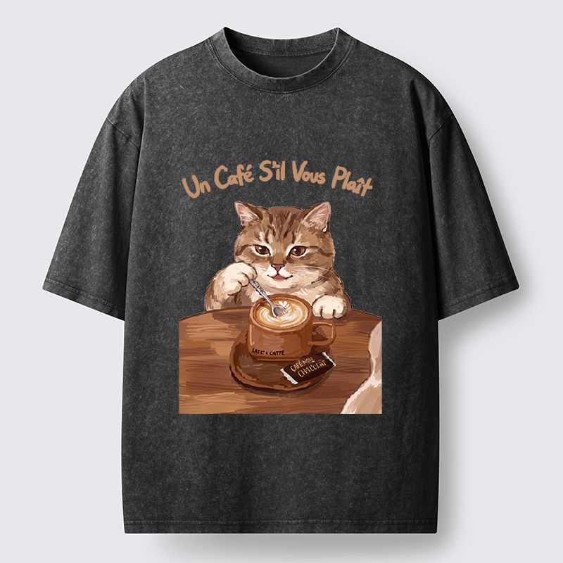 Tokyo-Tiger Cat Stirring Coffee Washed T-Shirt