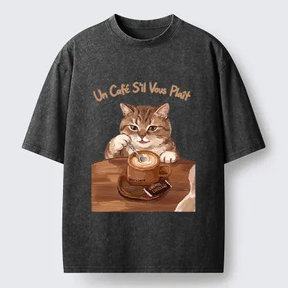 Tokyo-Tiger Cat Stirring Coffee Washed T-Shirt