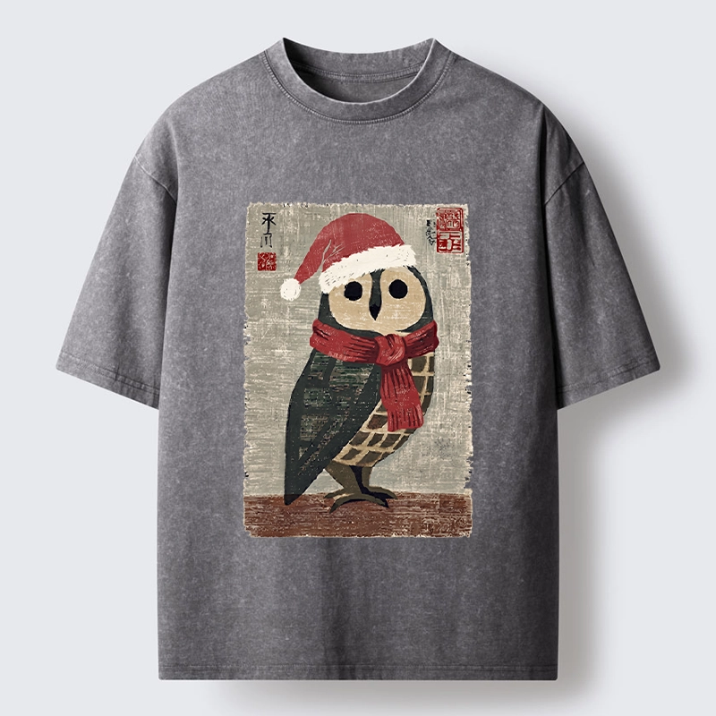 Tokyo-Tiger Christmas Owl Santa Hat Washed T-Shirt