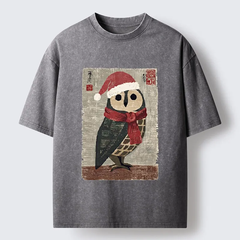 Tokyo-Tiger Christmas Owl Santa Hat Washed T-Shirt
