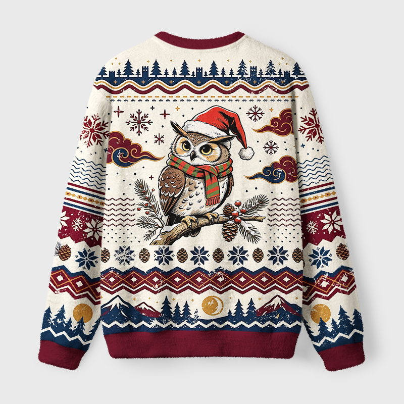 Tokyo-Tiger Cute Christmas Owl Fuzzy Christmas Ugly Sweatshirt