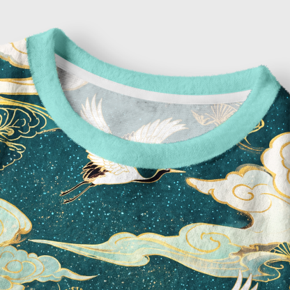 Tokyo-Tiger Soaring Cranes Gilded Clouds Women's Fuzzy Cropped Sweatshirt