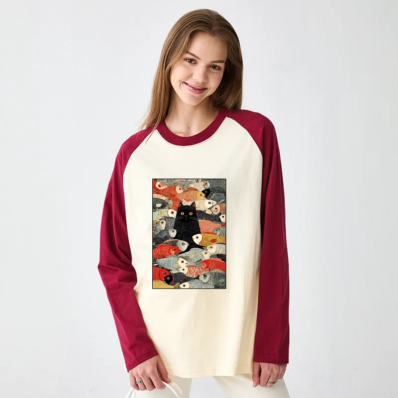 Tokyo-Tiger Cats And Fish Raglan Long Sleeve T-shirt
