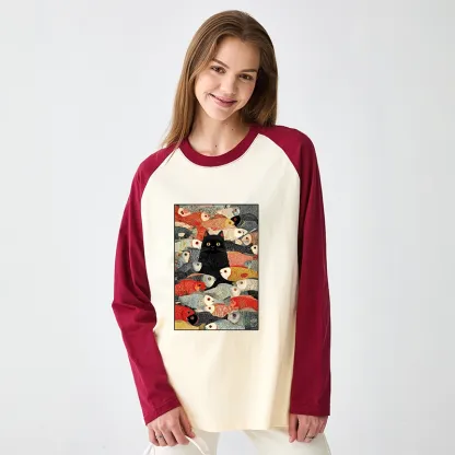 Tokyo-Tiger Cats And Fish Raglan Long Sleeve T-shirt