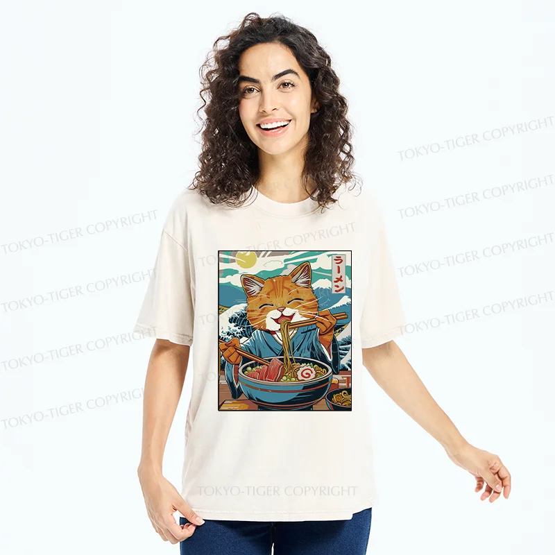 Tokyo-Tiger Orange Cat Eating Ramen Washed T-Shirt