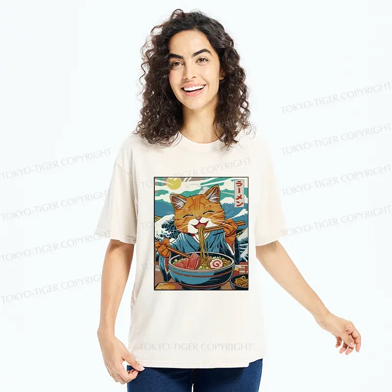 Tokyo-Tiger Orange Cat Eating Ramen Washed T-Shirt