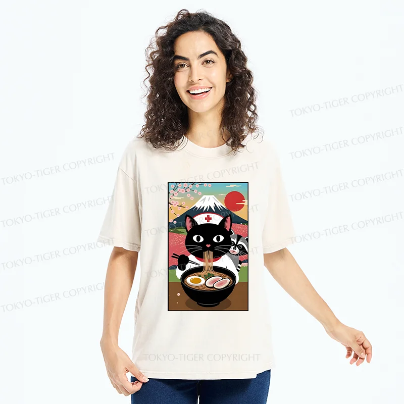 Tokyo-Tiger Nurse Cat Eating Ramen Washed T-Shirt