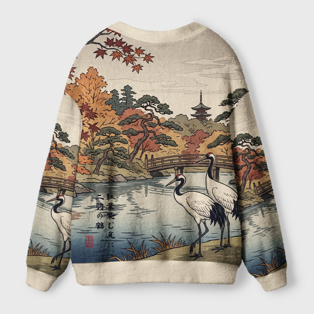 Tokyo-Tiger Two Cranes In Autumn Maple Ugly Cardigan Sweater
