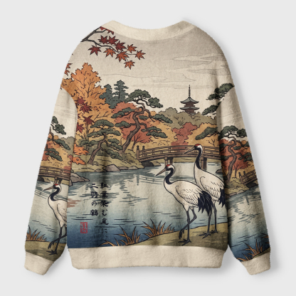 Tokyo-Tiger Two Cranes In Autumn Maple Ugly Cardigan Sweater