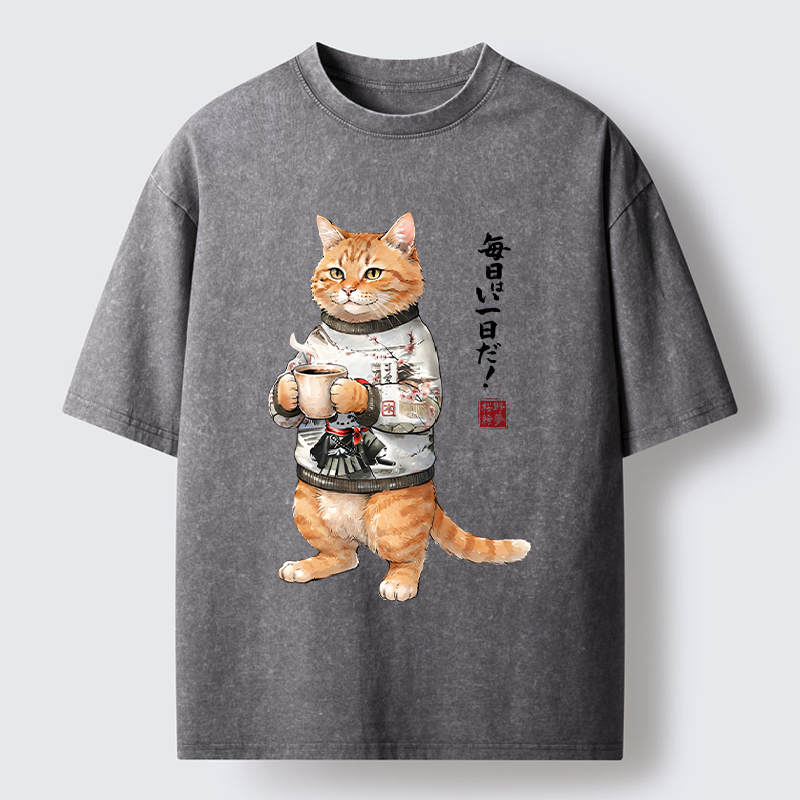 Tokyo‑Tiger Sweater Cat Coffee Washed T‑Shirt