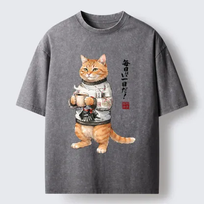 Tokyo‑Tiger Sweater Cat Coffee Washed T‑Shirt
