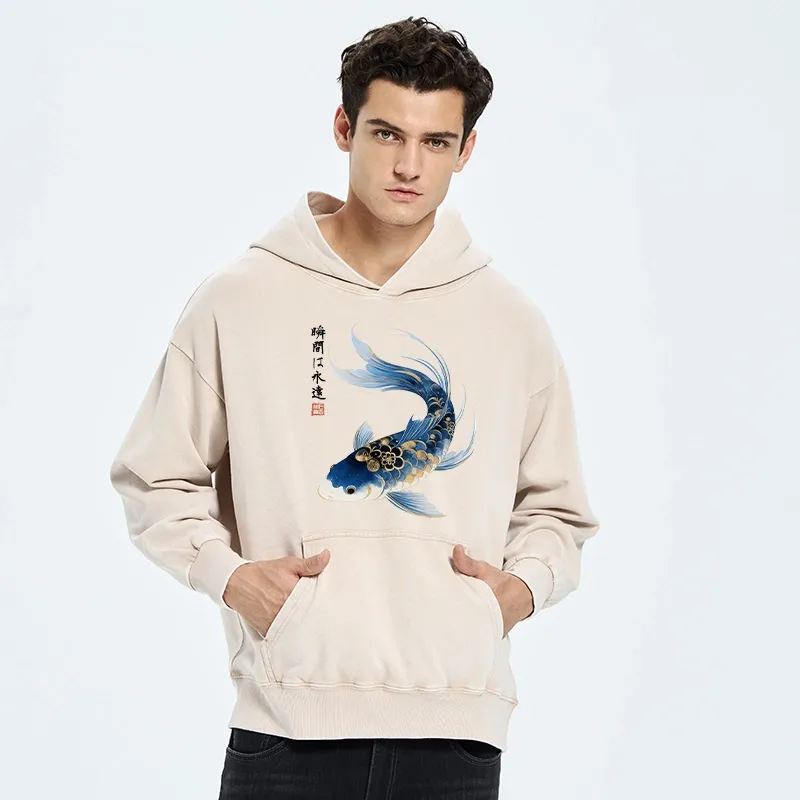 Tokyo-Tiger Elegant Koi Fish Watercolor Art Washed Hoodie