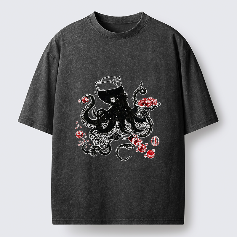 Tokyo-Tiger Octopus Making Sushi Funny Meme Washed T-Shirt