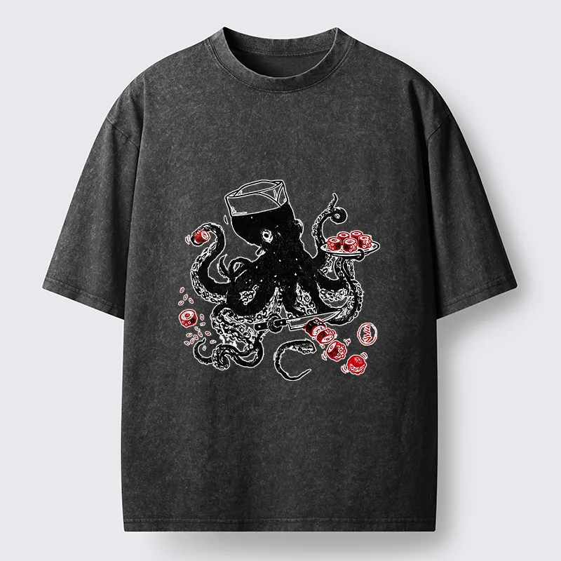 Tokyo-Tiger Octopus Making Sushi Funny Meme Washed T-Shirt