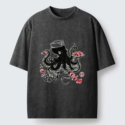 Tokyo-Tiger Octopus Making Sushi Funny Meme Washed T-Shirt