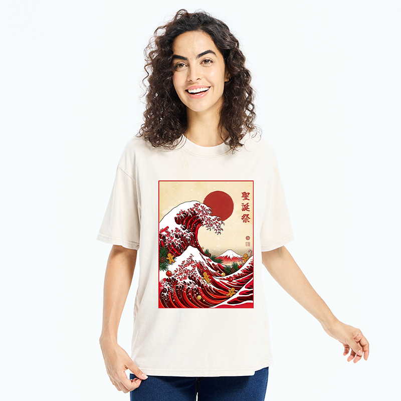 Tokyo-Tiger Gingerbread Surf Christmas Wave Washed T-Shirt