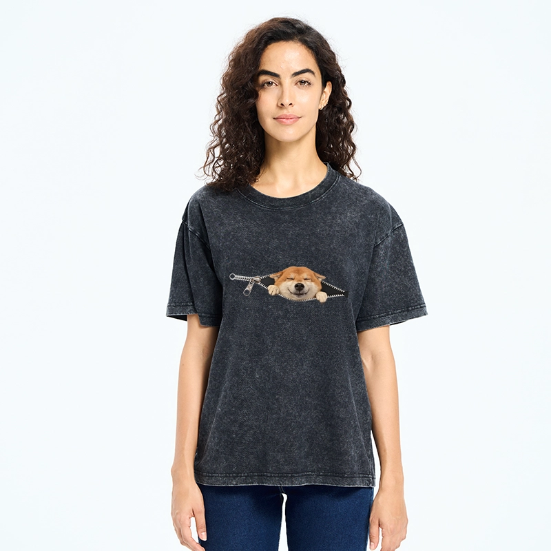 Tokyo-Tiger Cute Shiba Dog In Zipper Washed T-Shirt