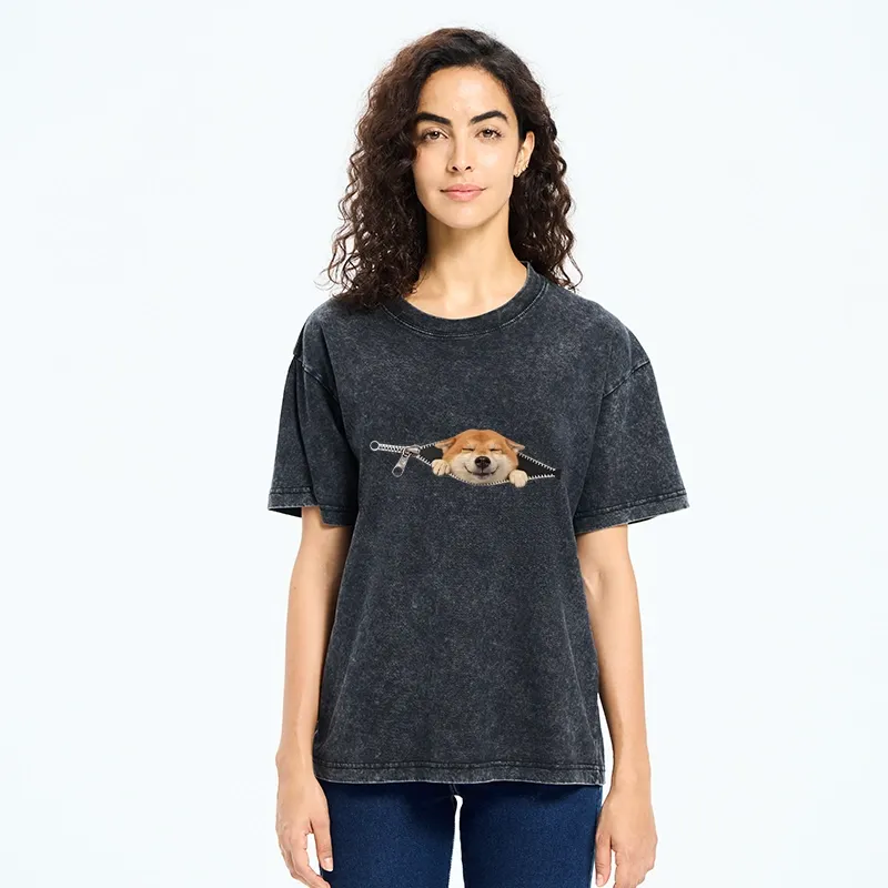 Tokyo-Tiger Cute Shiba Dog In Zipper Washed T-Shirt