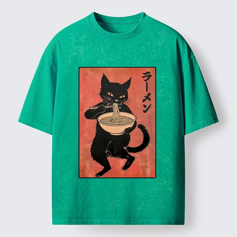 Tokyo‑Tiger Retro Cat Ramen Washed T‑Shirt