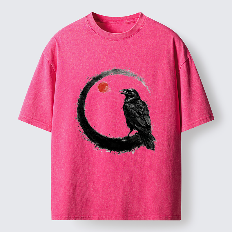 Tokyo-Tiger Japanese Circle Crow Scene Washed T-Shirt