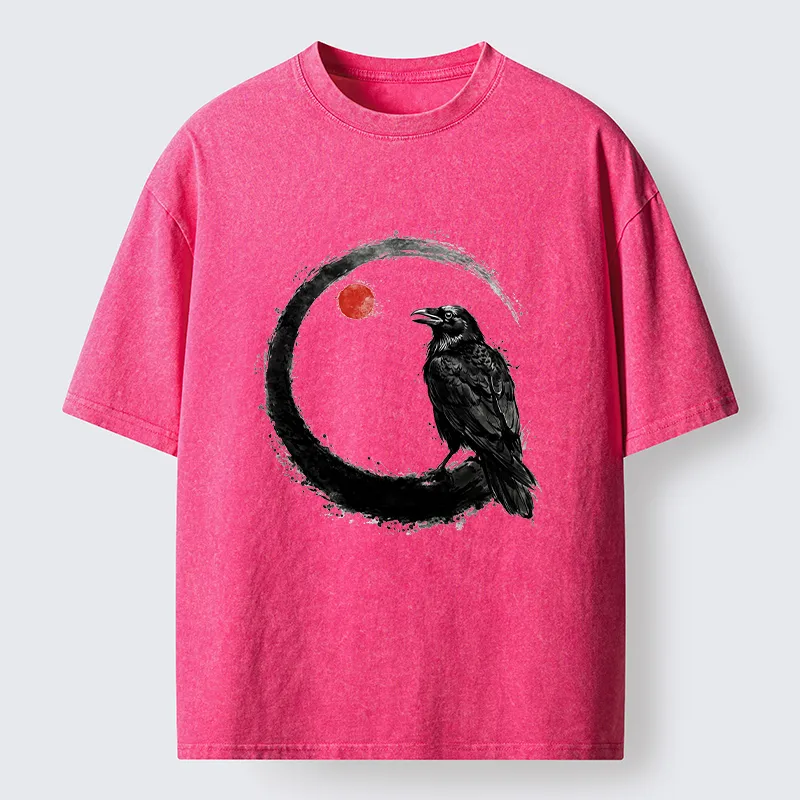 Tokyo-Tiger Japanese Circle Crow Scene Washed T-Shirt