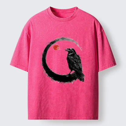 Tokyo-Tiger Japanese Circle Crow Scene Washed T-Shirt