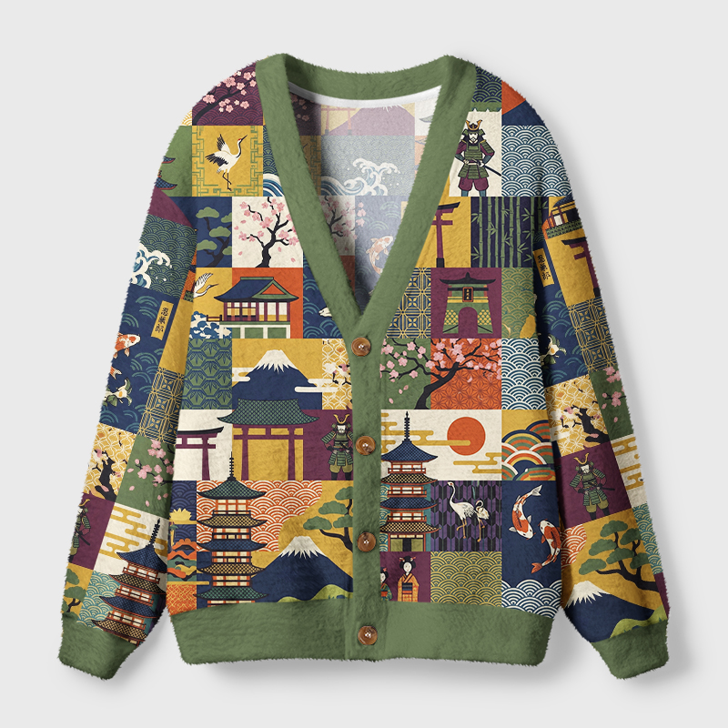 Tokyo-Tiger Japanese Ukiyo‑e Patchwork Ugly Cardigan Sweater